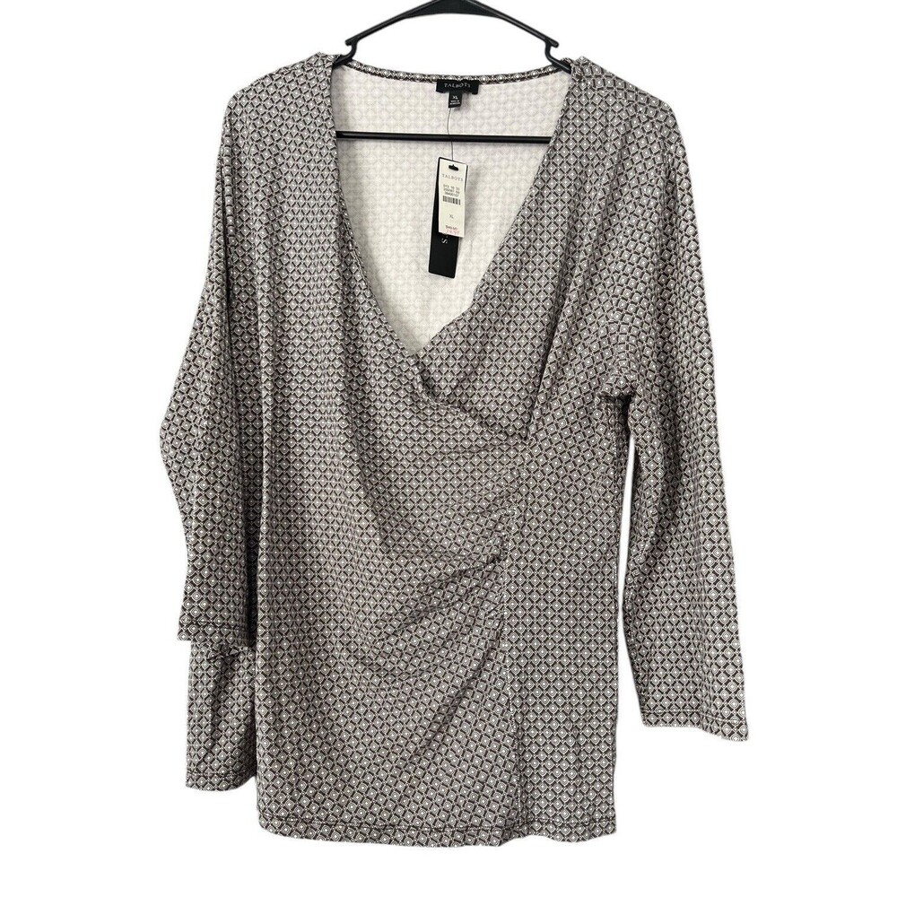Talbots Jersey Knit Top Womens Size XL Geometric Brown 3/4 Sleeve V Neck Ruched